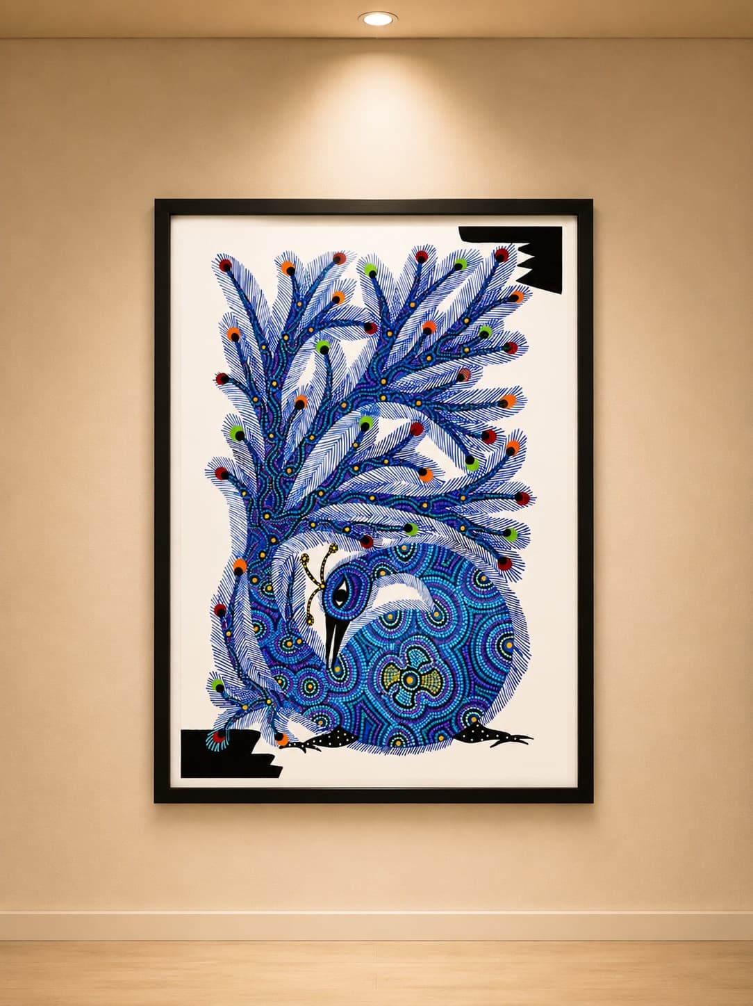 Tribal Peacock in Blue Foliage - Bhil Painting