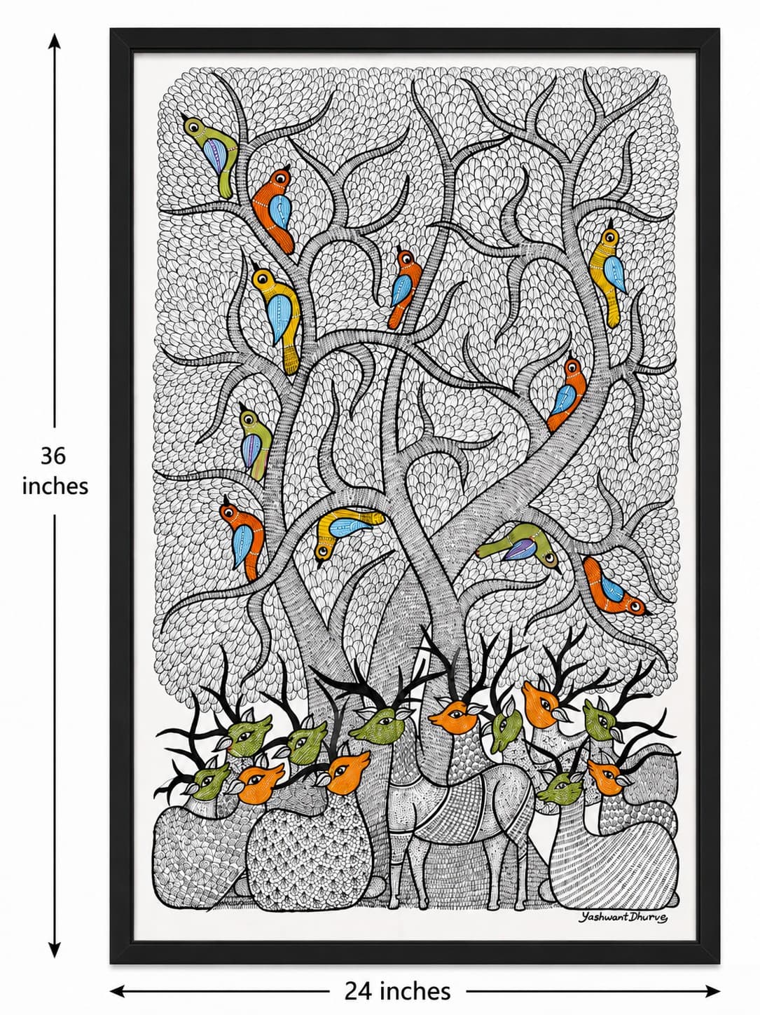 Deer & Birds - Gond Painting — alternate view