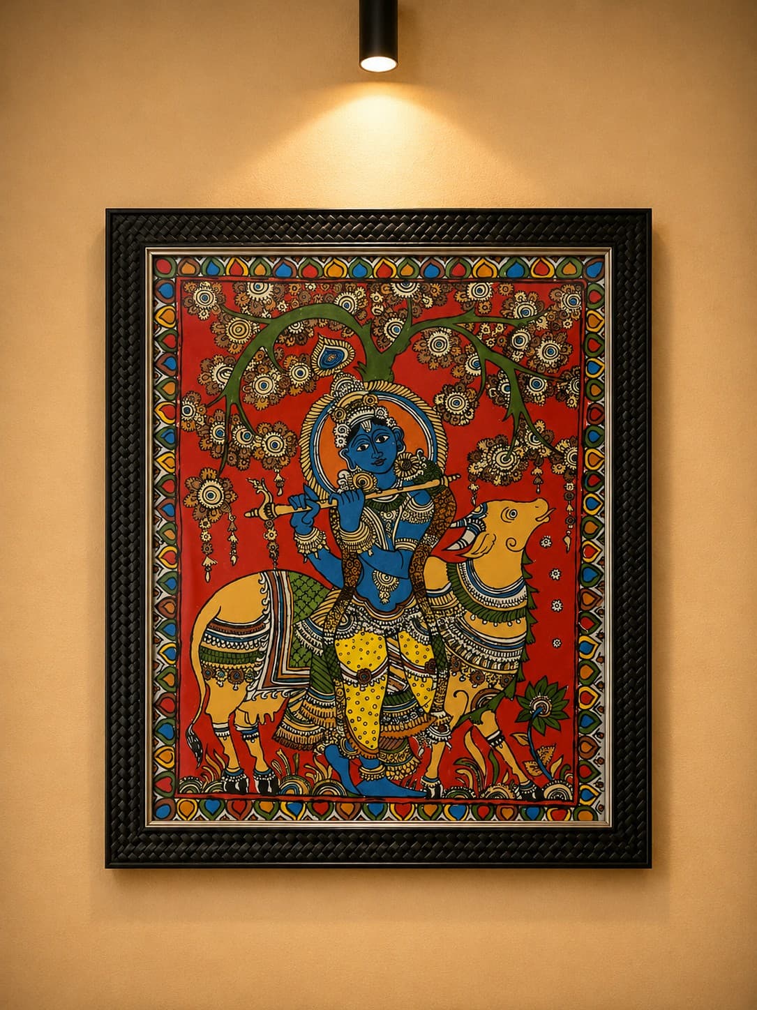 Lord Krishna & Cow Painting With Frame - Kalamkari