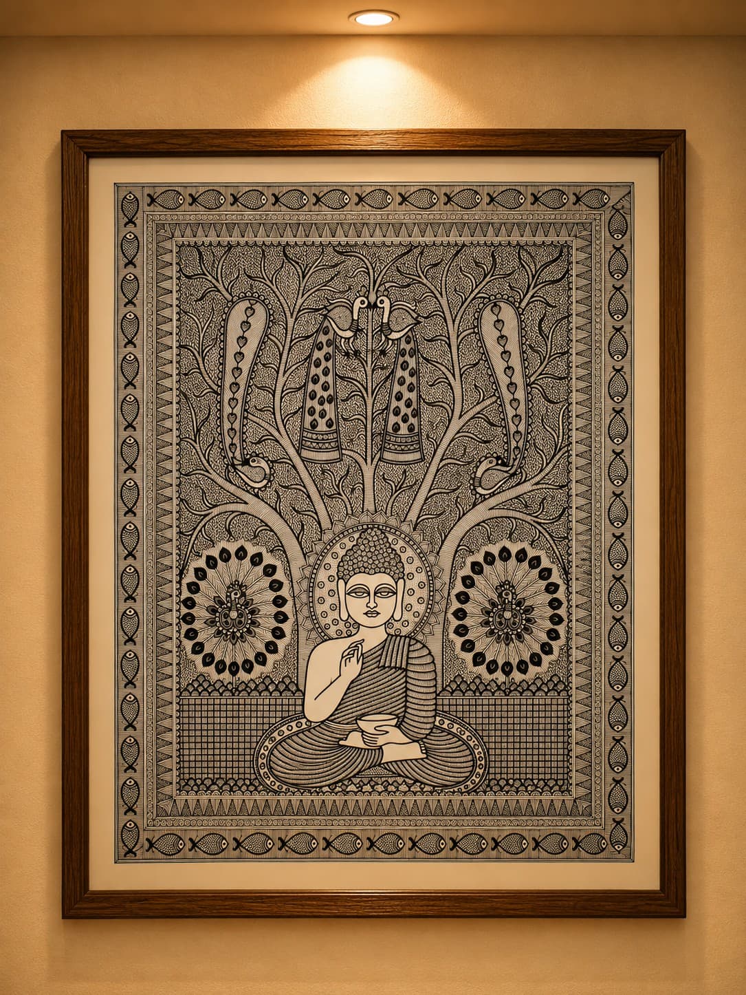 Buddha & Dancing Peacock - Madhubani Painting