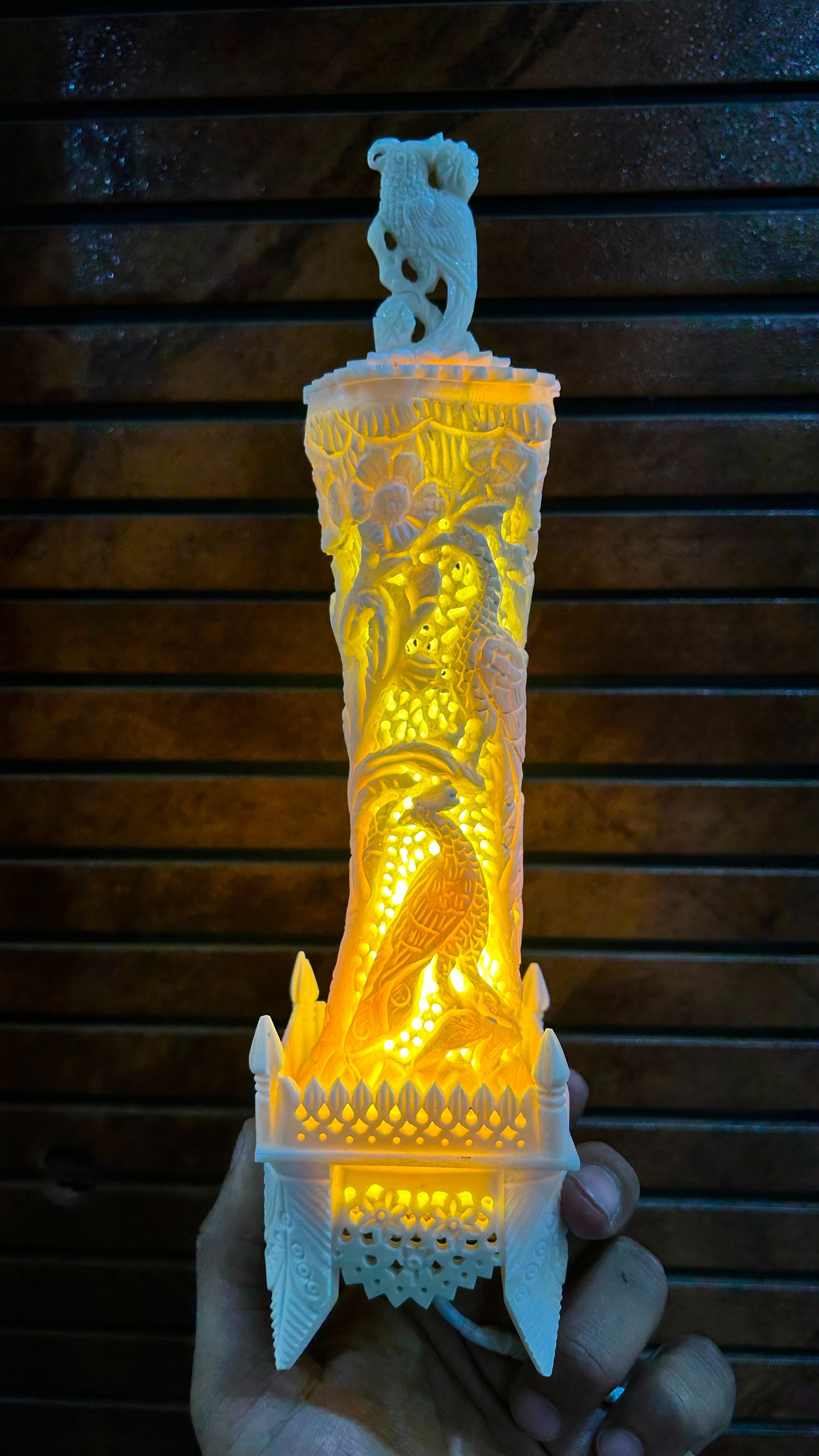Mughal Bagh-e-Bahisht Handcarved Lamp - Lucknow Bone Naqashi - Ivory White