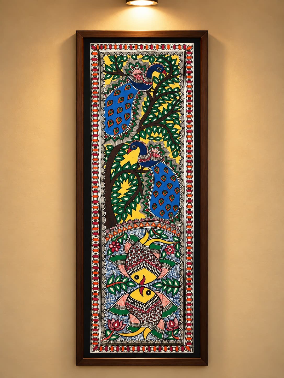 Auspicious Peacock & Fish - Madhubani Painting