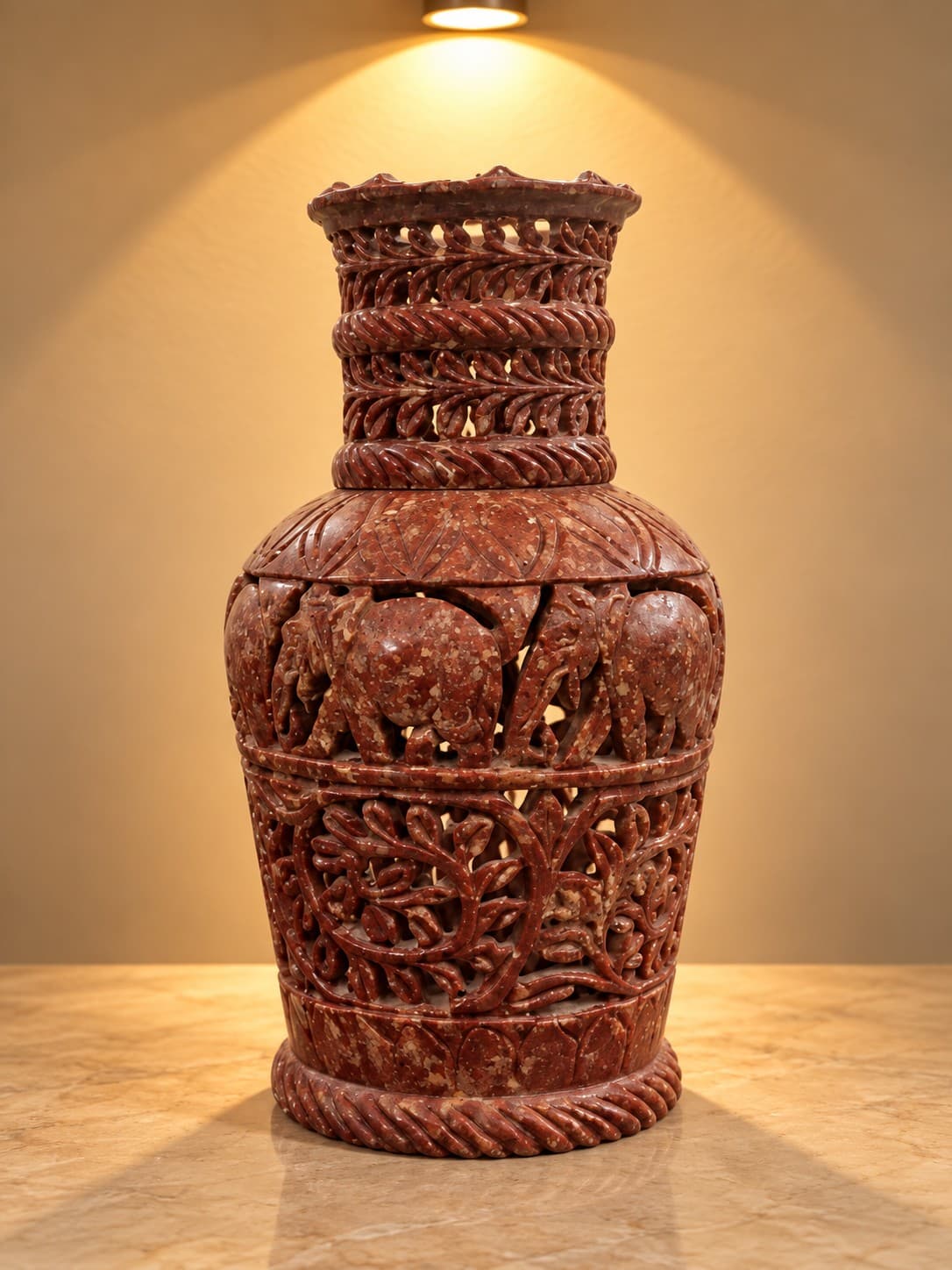 Elephant & Tree of Life Theme - Red Stone Jaali Vase