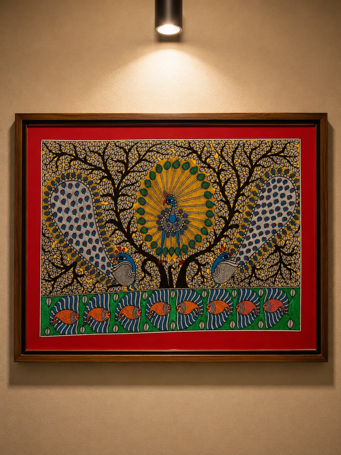 Three Peacock Tree of Life with Fish Border - Madhubani Painting Three Peacock Tree of Life with Fish Border - Madhubani Painting