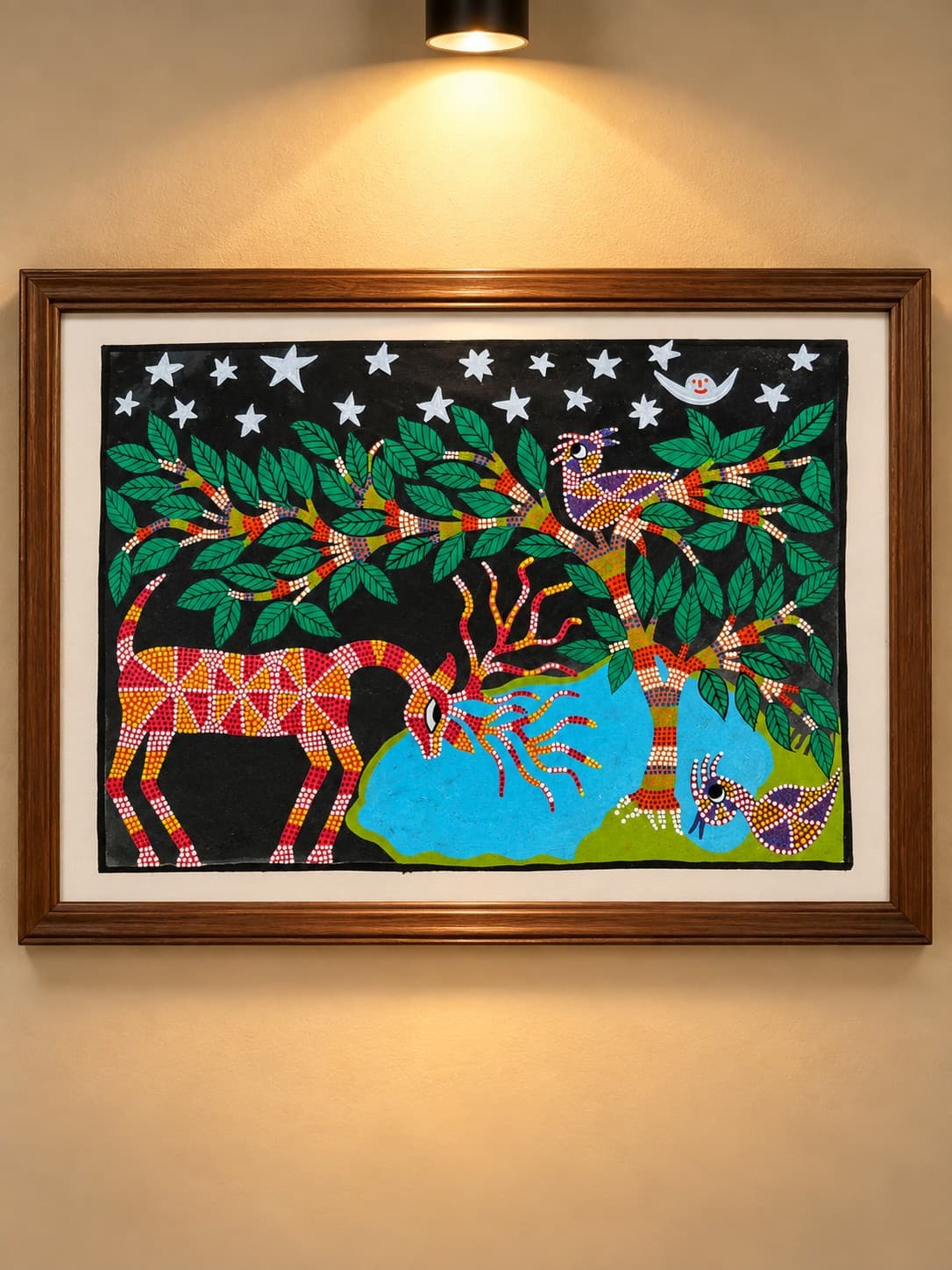 Deer & Birds Under the Crescent Moon - Bhil Painting Deer & Birds Under the Crescent Moon - Bhil Painting