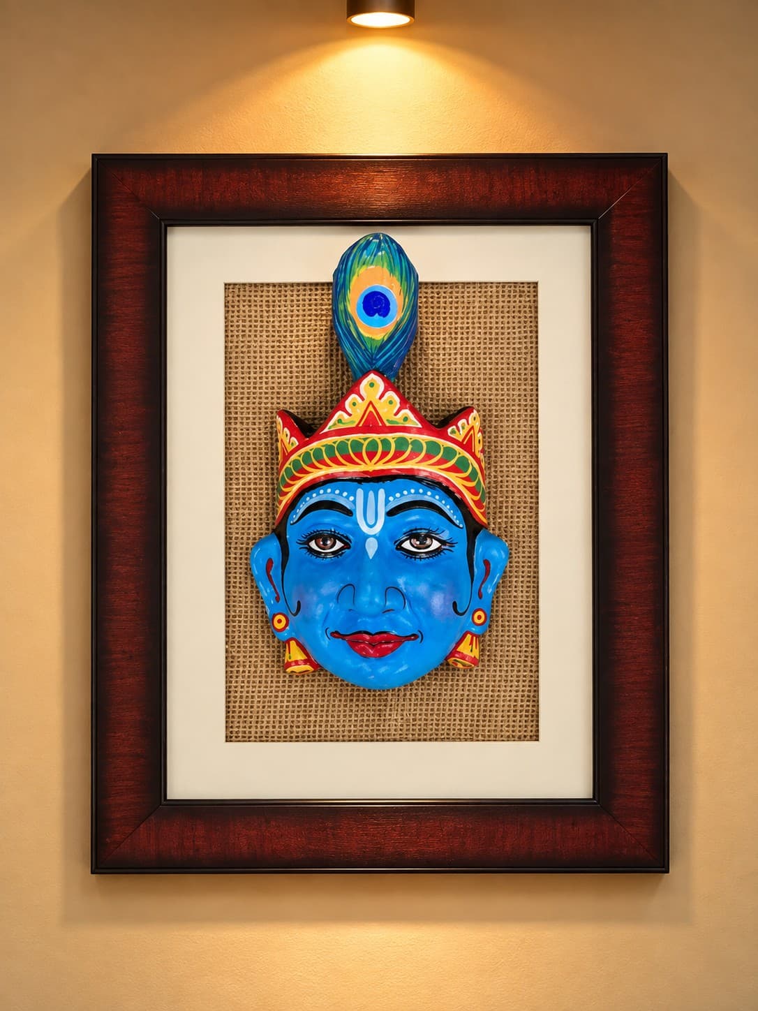 Lord Krishna with Peacock Feather Crown Framed Mask - Majuli Bhaona Lord Krishna with Peacock Feather Crown Framed Mask - Majuli Bhaona